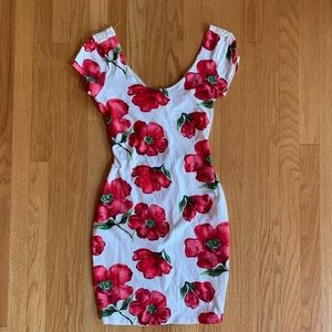 White & red/pink flower print mini (bodycon) dress